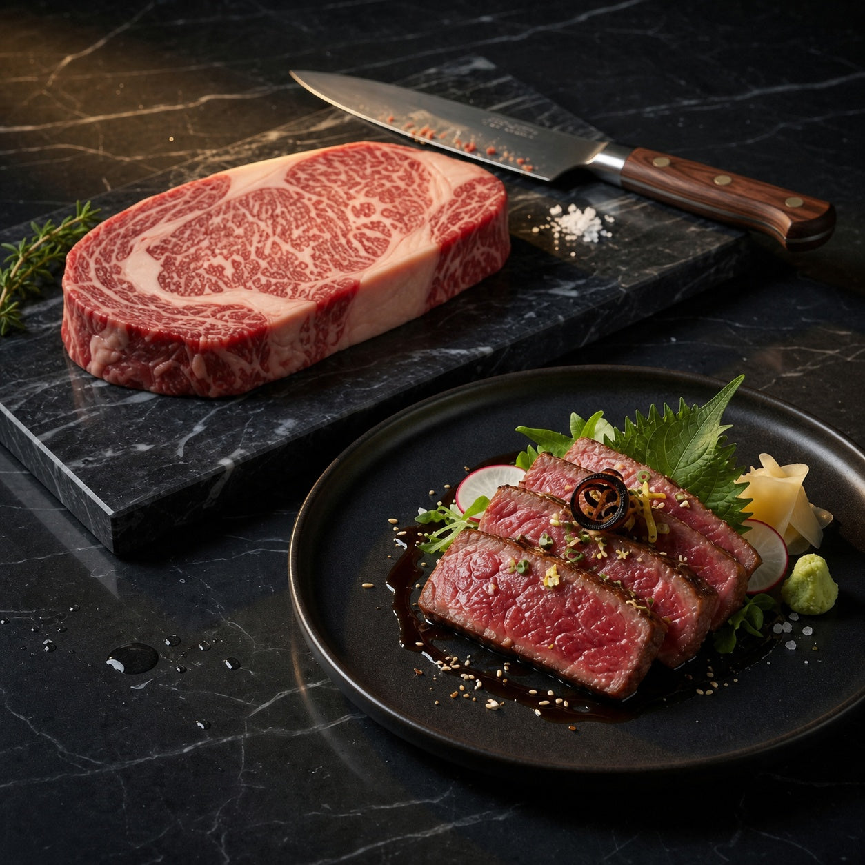 Sliced Black Origin Wagyu plated for service